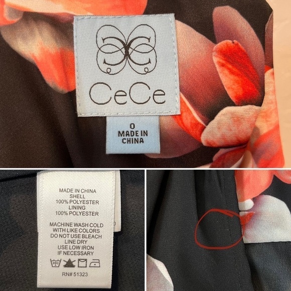 CeCe Black Floral Tie Neck Swing Shift Dress Size 0 - Picture 11 of 12